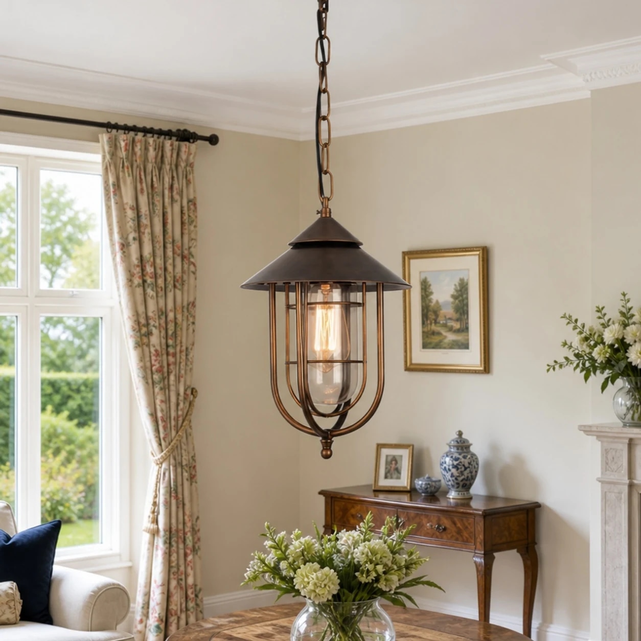 Warm vintage interior scene with rust bronze pendant lamp