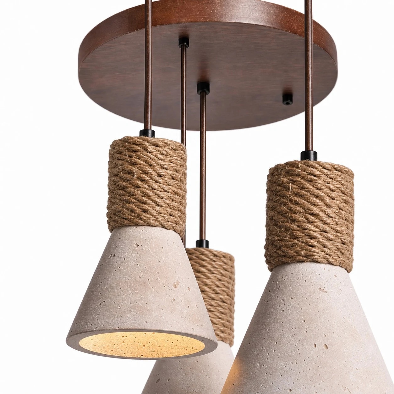 Close-up of round canopy, cord spacing, woven texture, and stone-look shades