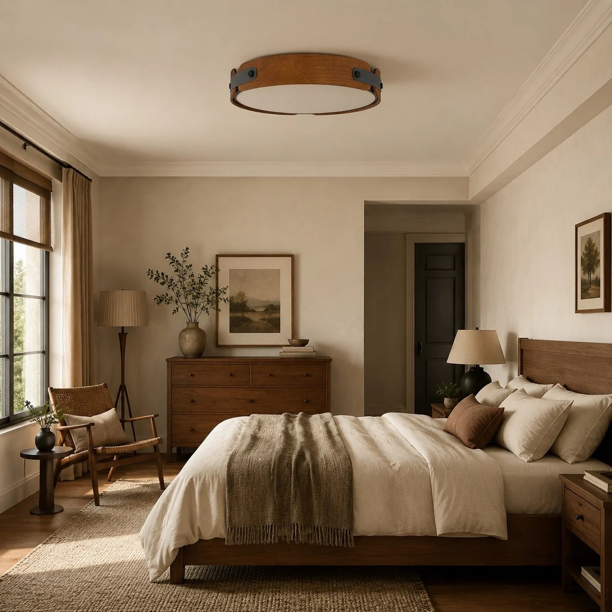 Walnut ceiling light in a bedroom