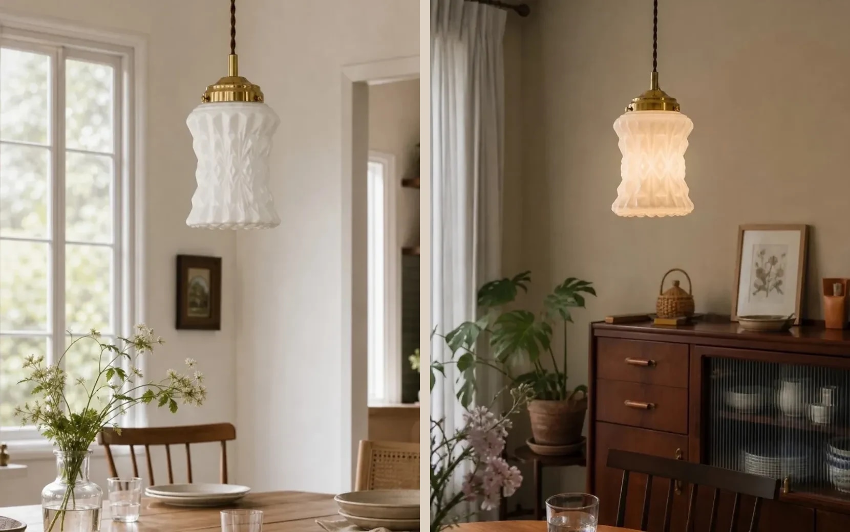 Two warm dining room views with the milk glass pendant installed