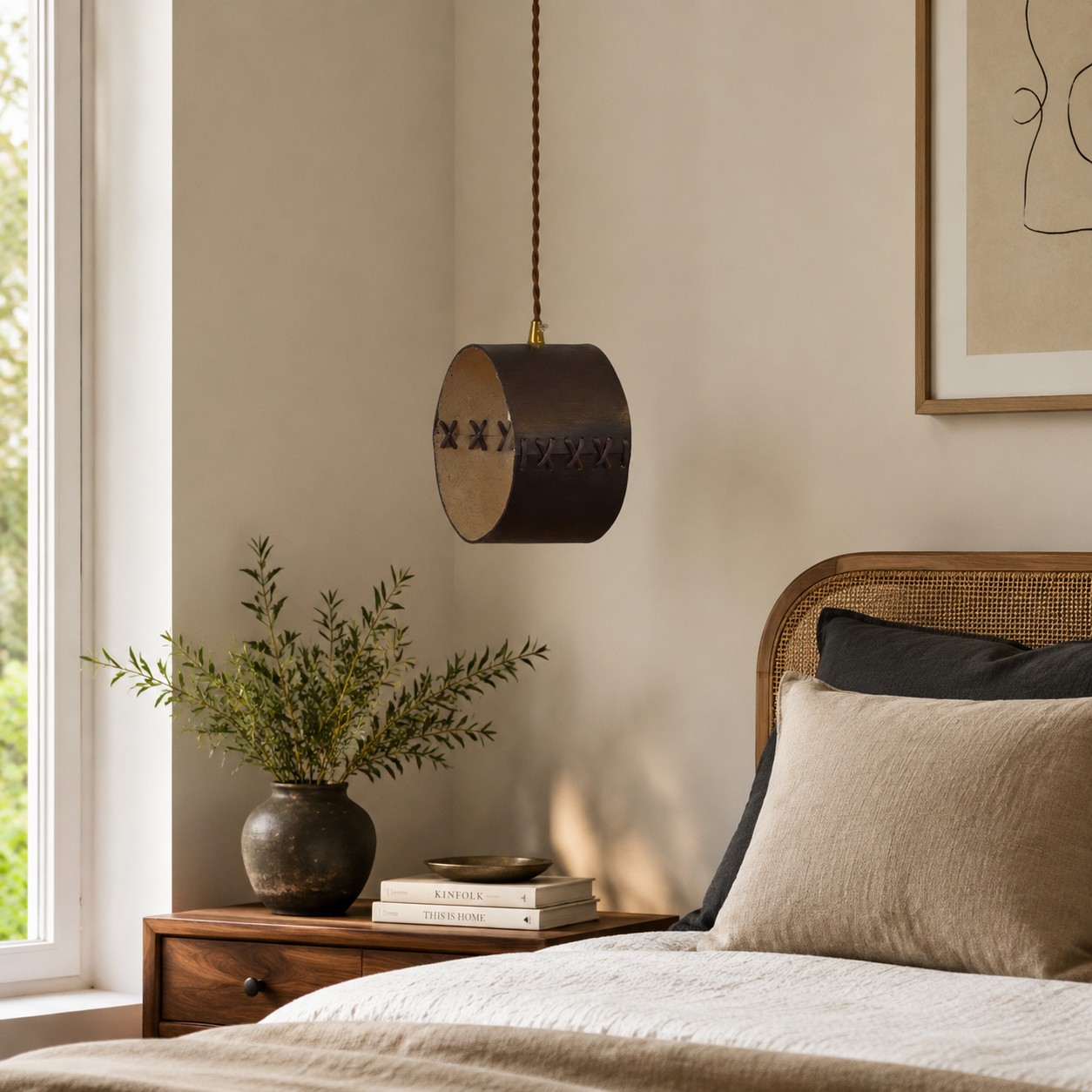 Coffee brown leather pendant light installed beside a bed