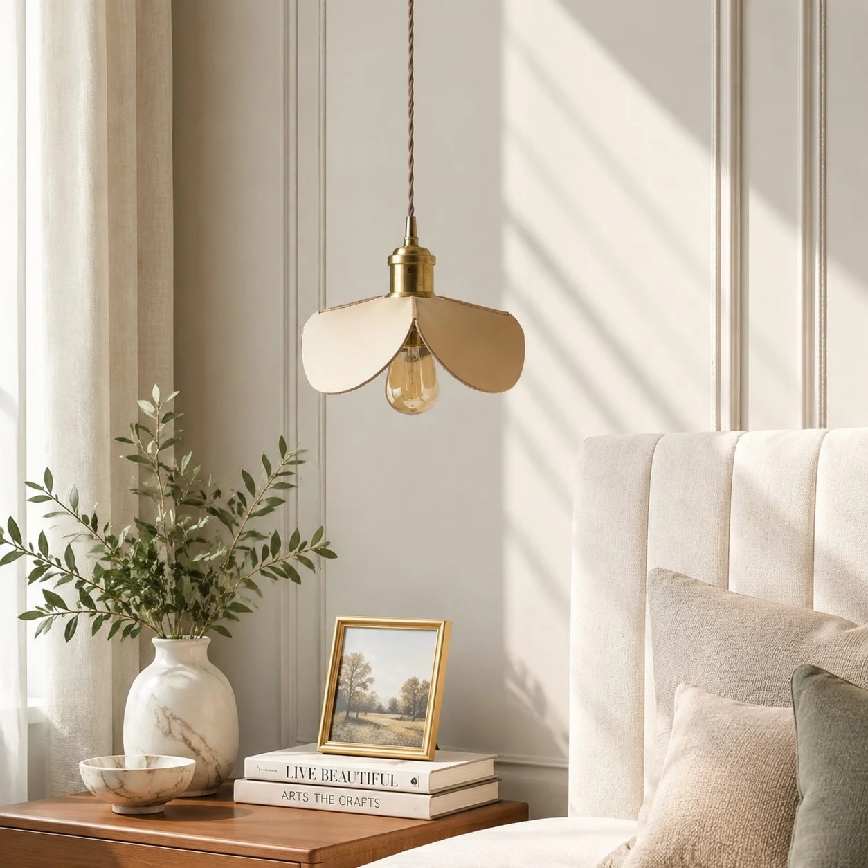 Leather petal pendant light styled beside a bedroom side table