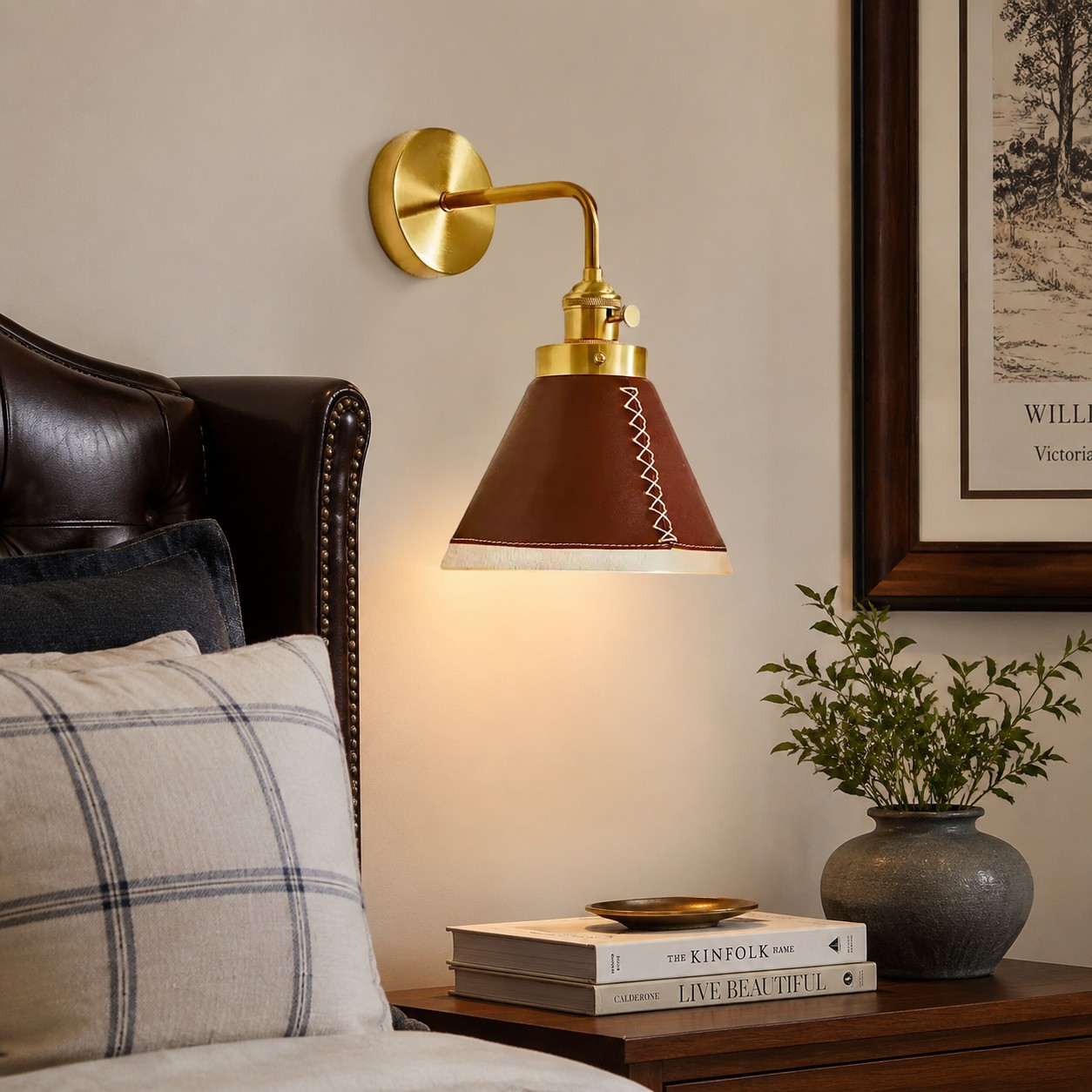 Brown leather wall sconce in a paneled bedside scene