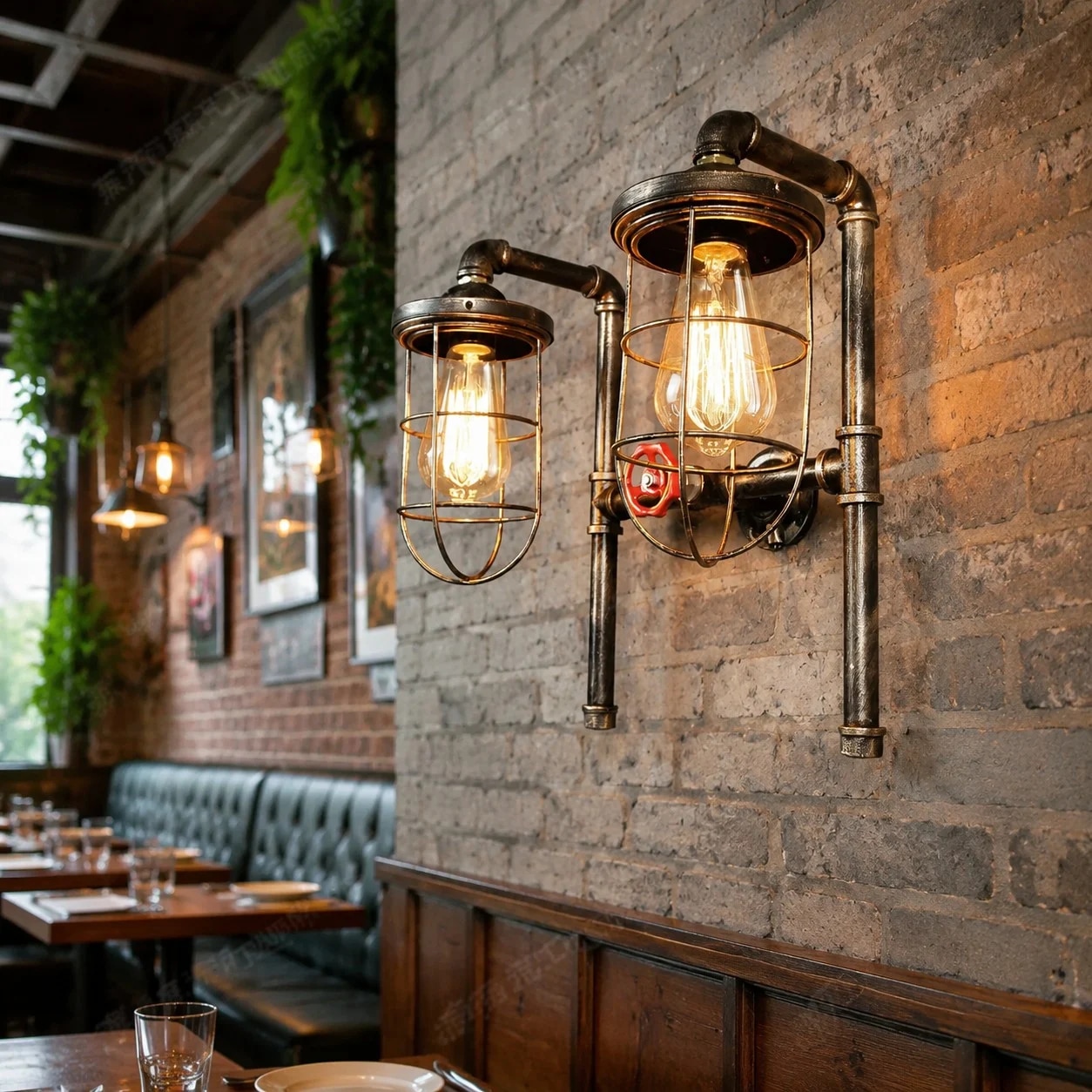 double industrial pipe wall lamp installed on a brick restaurant wall