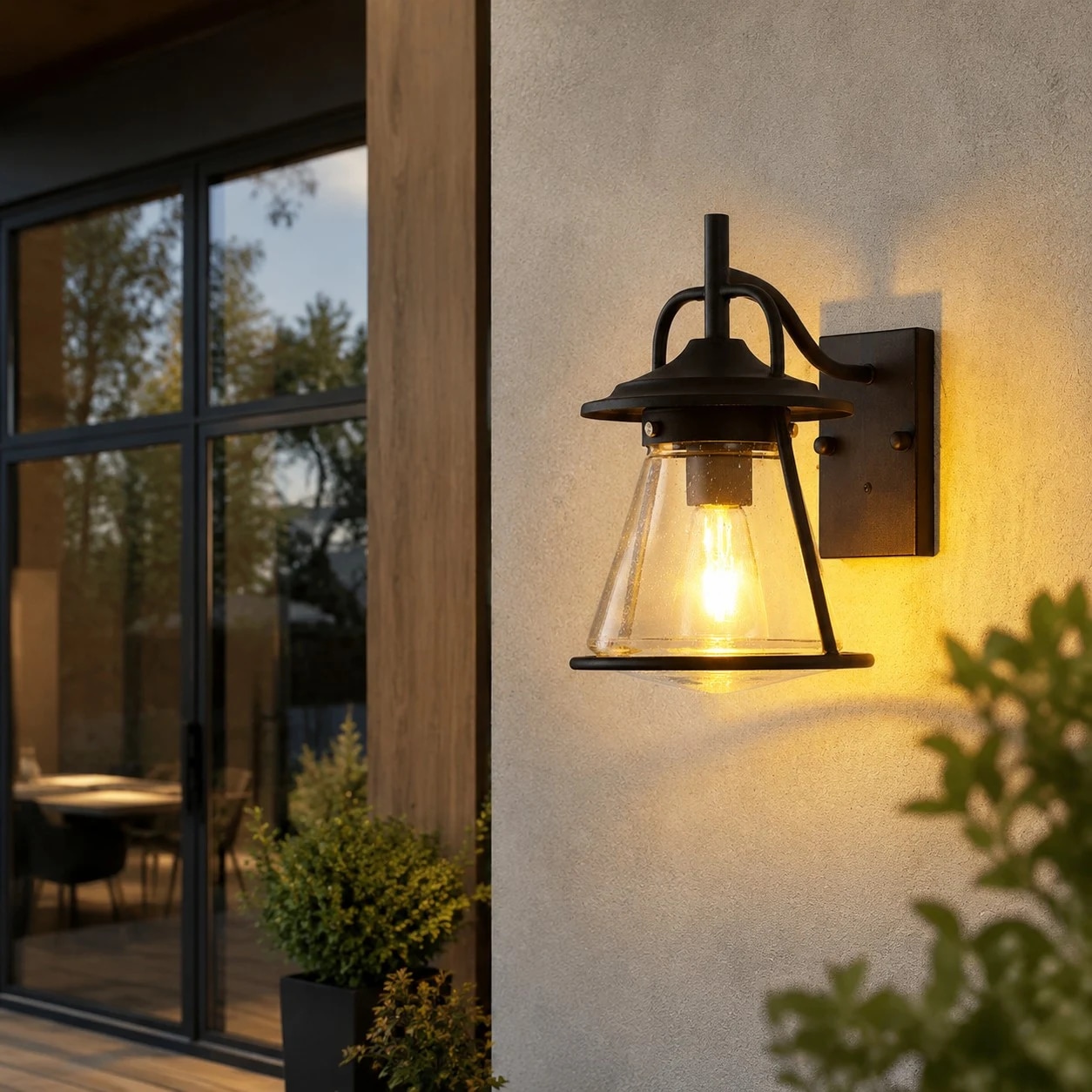 Outdoor wall lantern installed near glass door