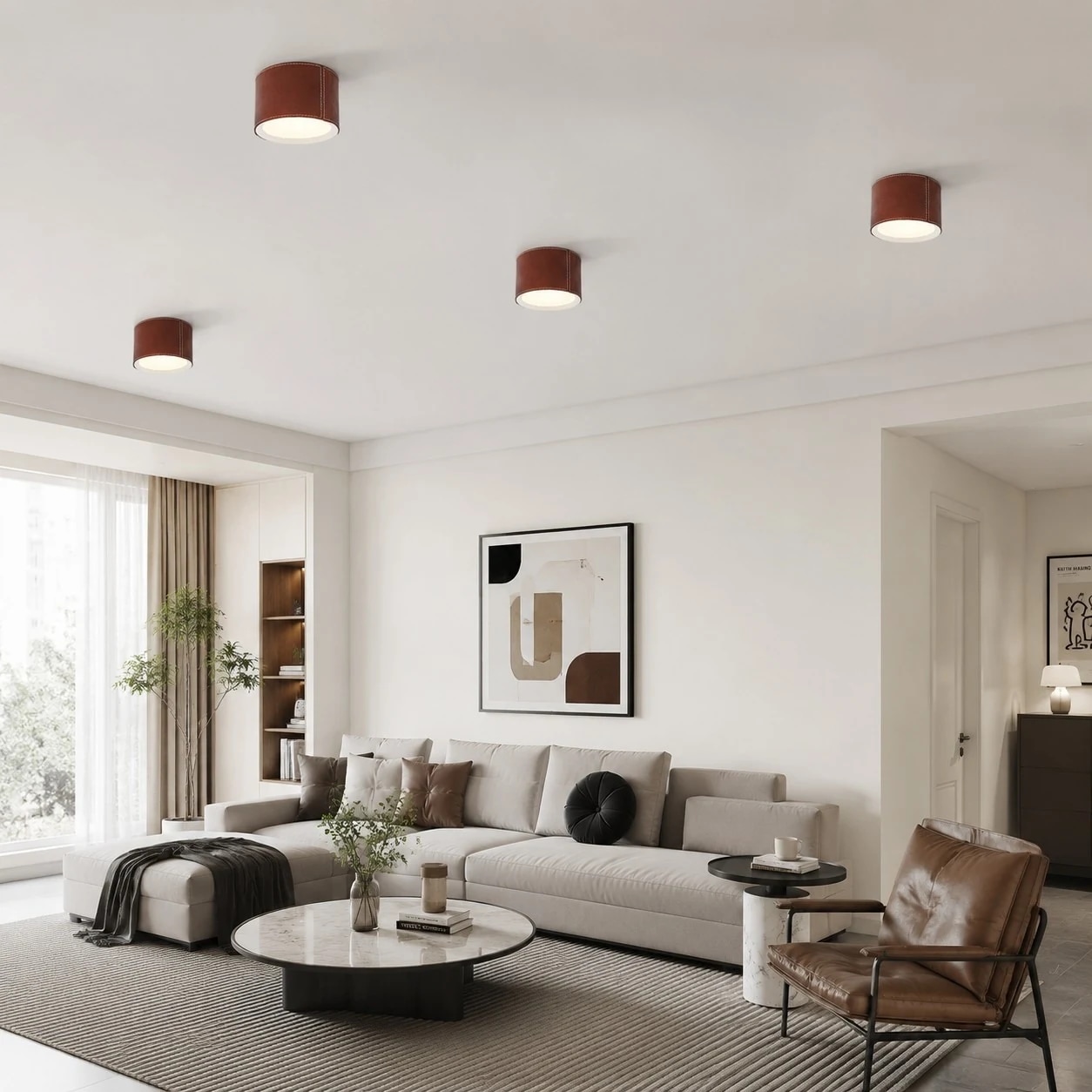 Burgundy ceiling lights installed in a living room