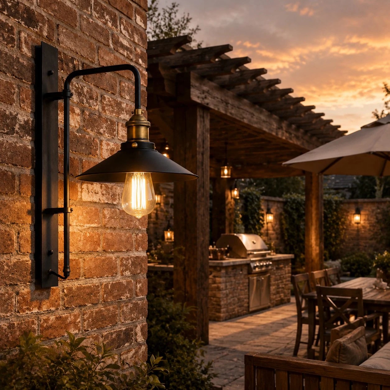Dark bronze wall lamp in a warm patio dining scene