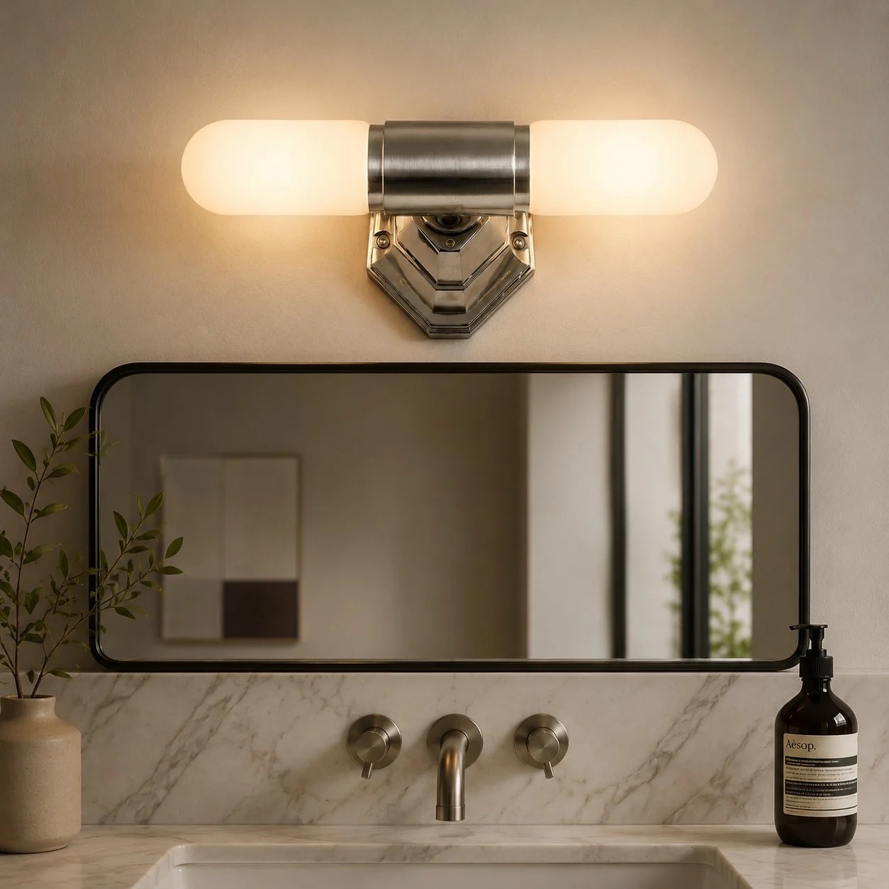Double-head wall light installed near a mirror wall