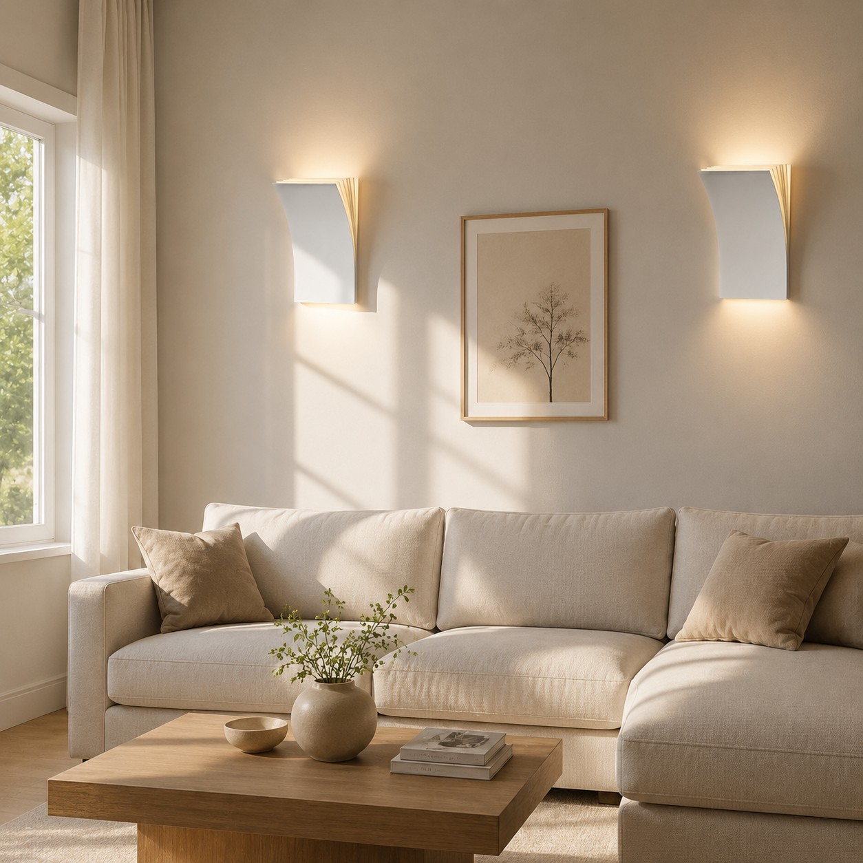 Pair of white wall sconces above a living room sofa