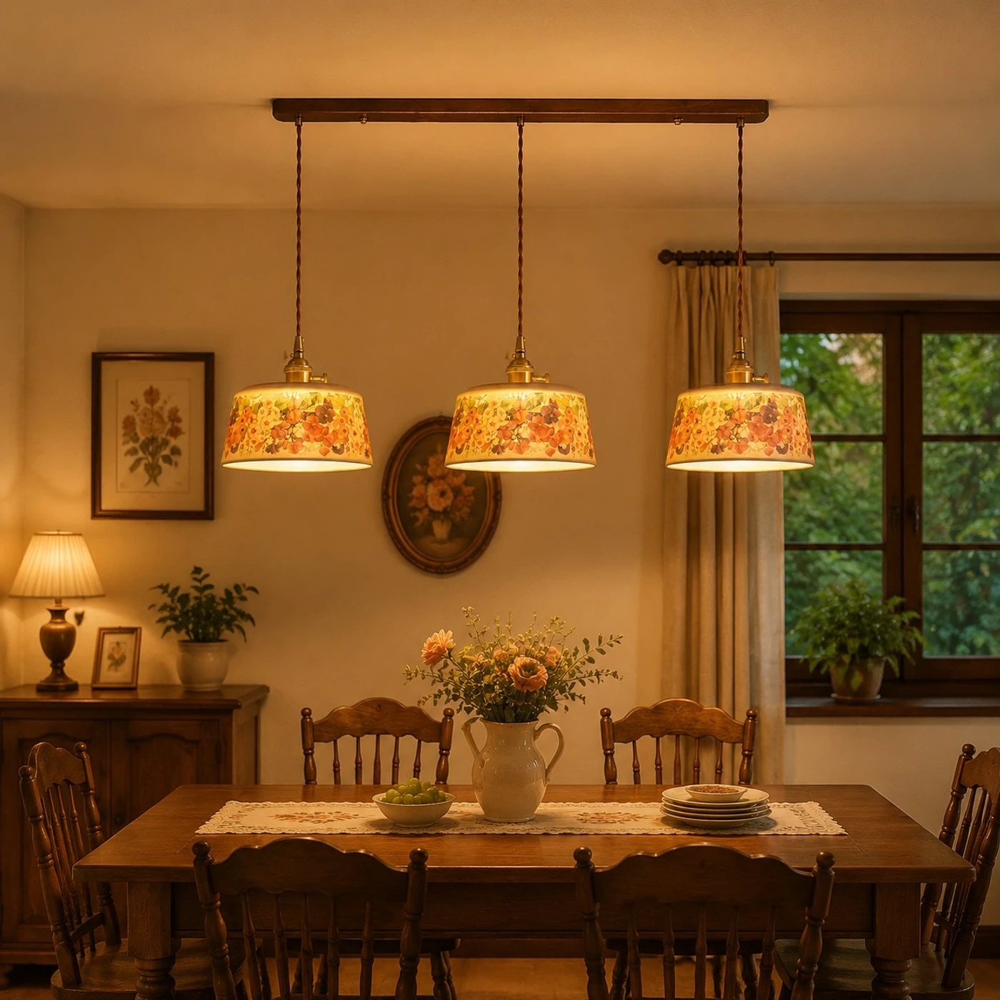 Three-light floral ceramic bar pendant over a dining table