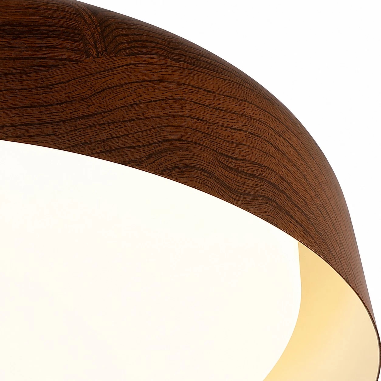 Close view of the curved wood-color ceiling light shade