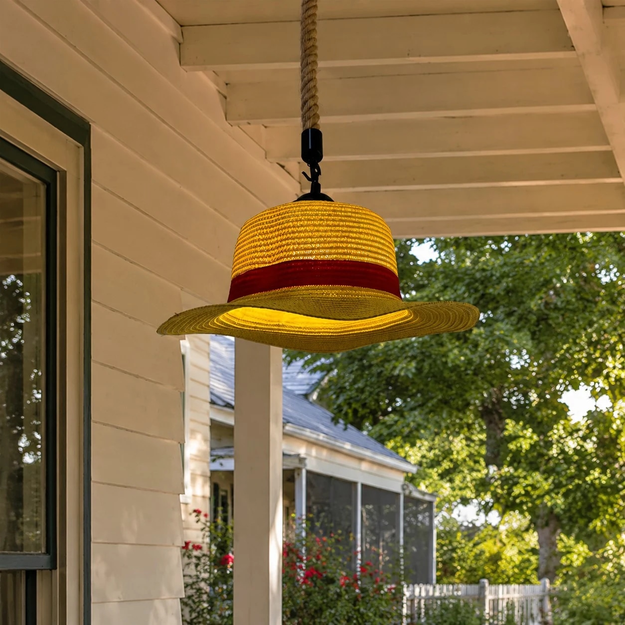 A woven straw-hat shade with a bold red band and rope suspension.