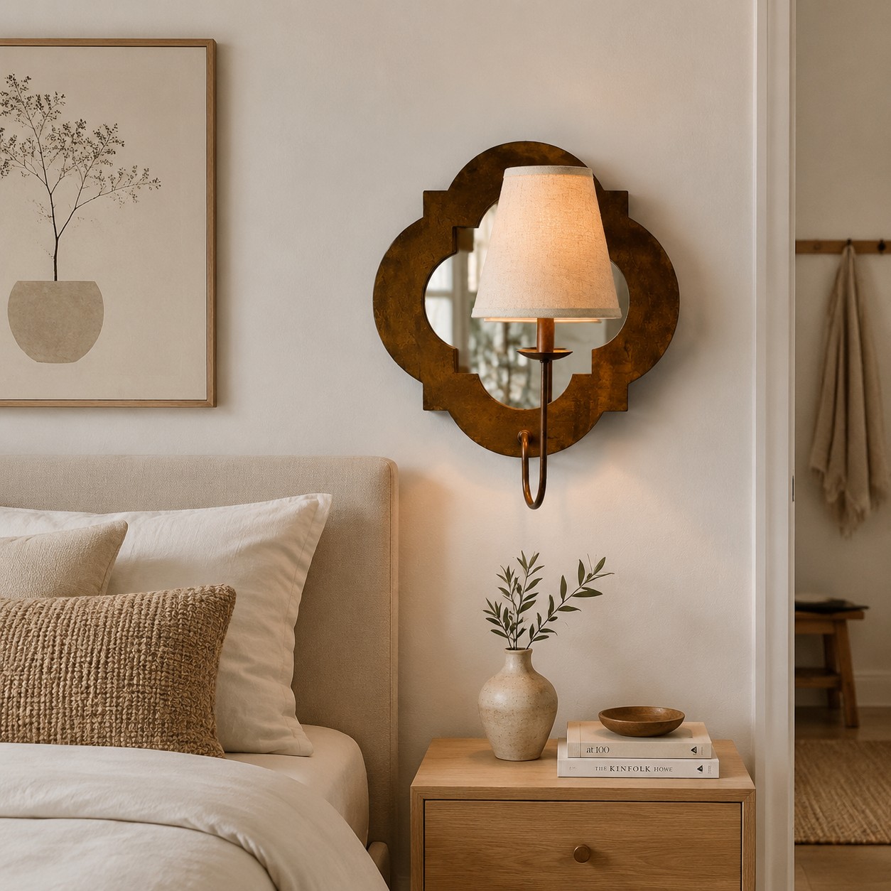 Antique Wood Wall Sconce With Fabric Shade in room setting