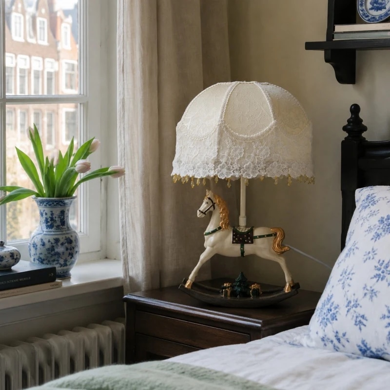 Rocking horse table lamp styled on a bedroom nightstand