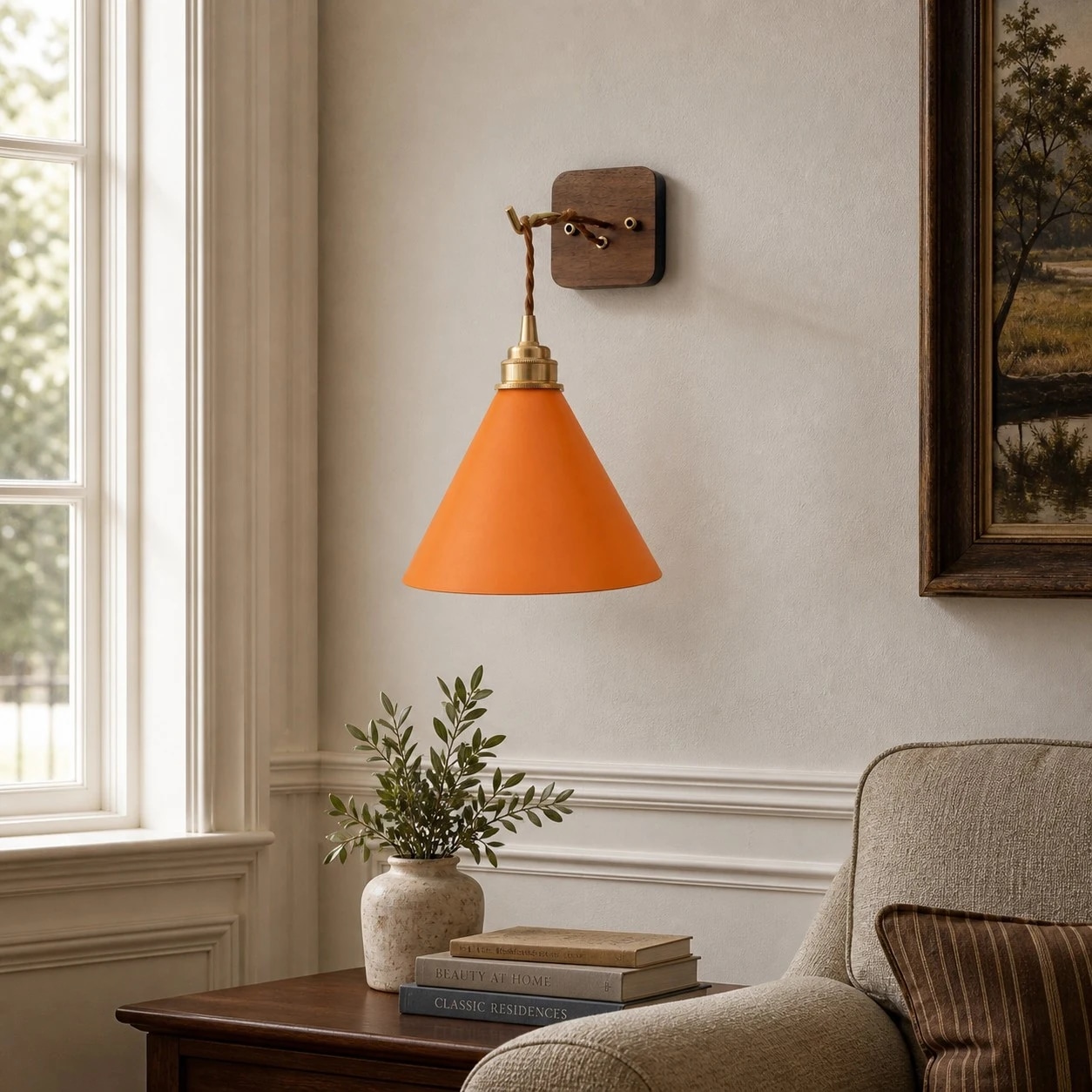 Hand-stitched leather wall sconce installed beside a bed