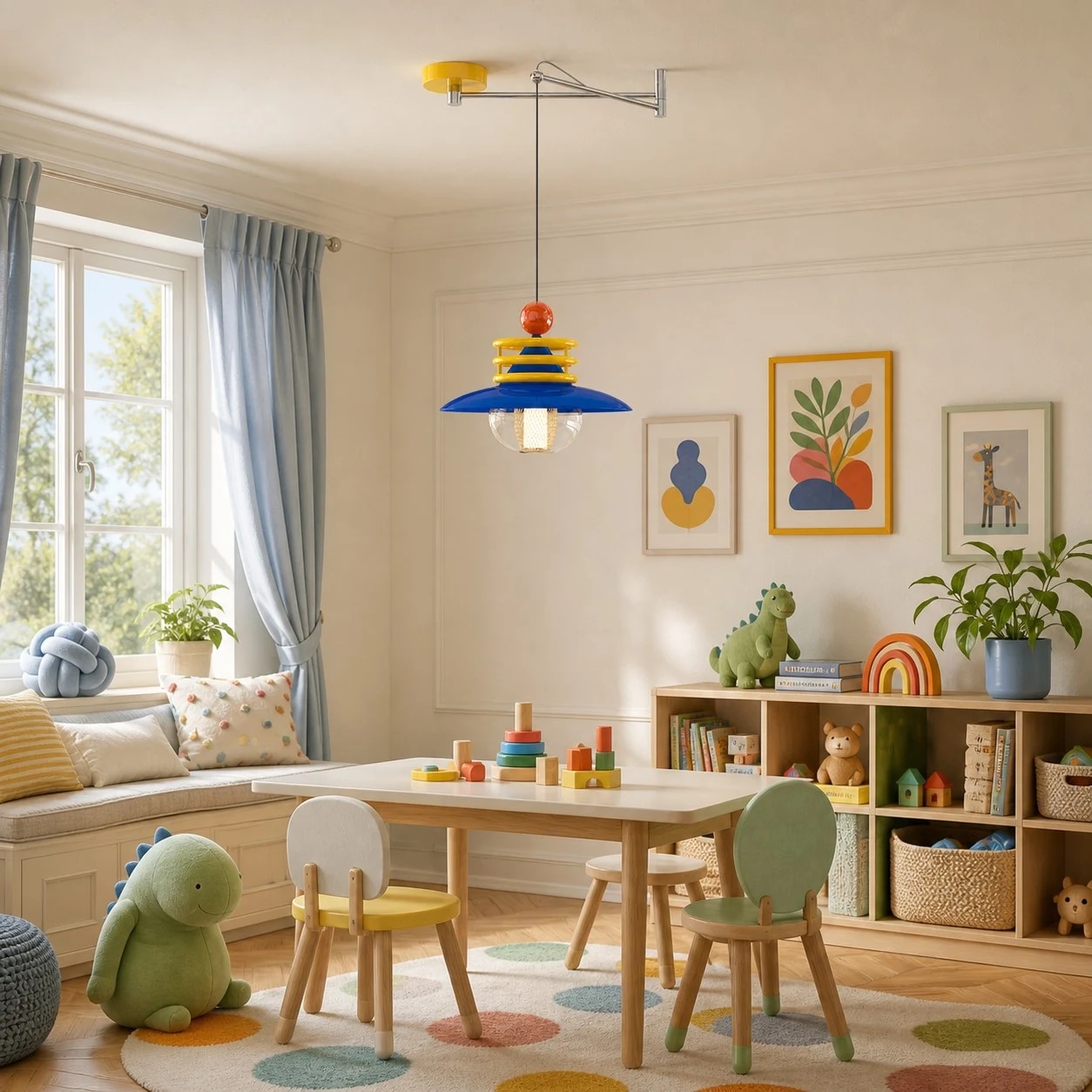 Pendentif de dopamine bleu et jaune installé dans une chambre d'enfant colorée