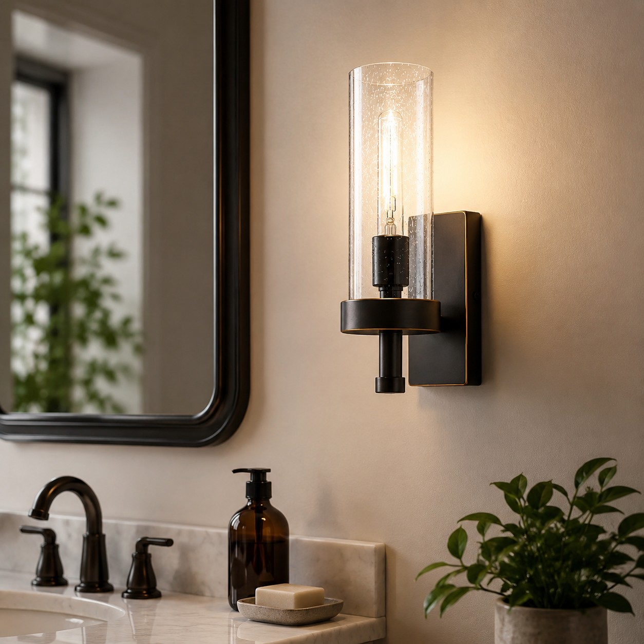 Black clear glass wall sconce installed near a mirror