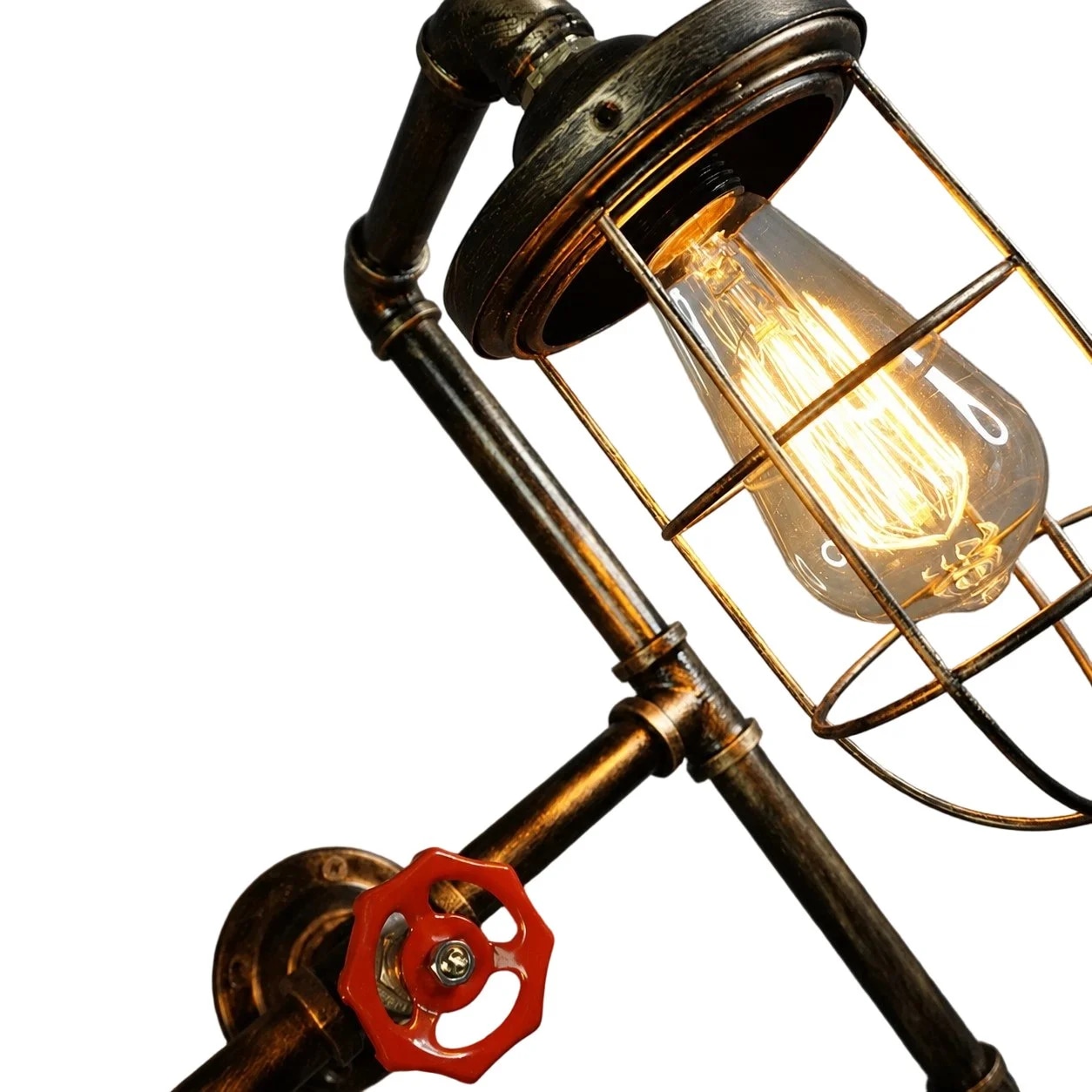 iron pipe form, wire cage shade, and red valve accent