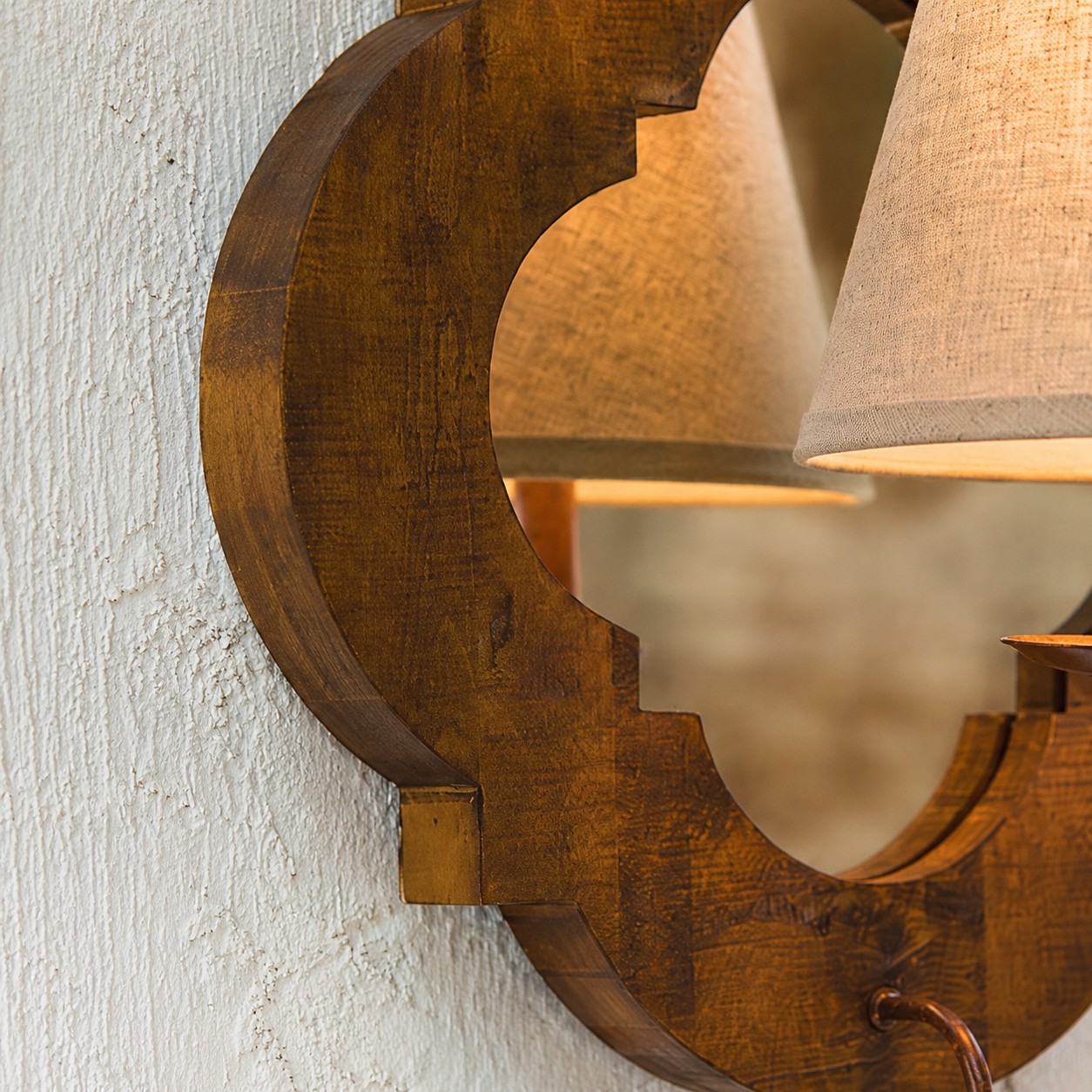 Antique Wood Wall Sconce With Fabric Shade shade detail