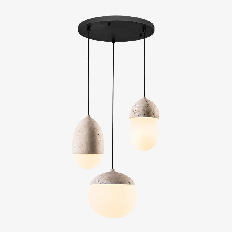 E style travertine three-light round pendant, 23.6 inch / 60 cm