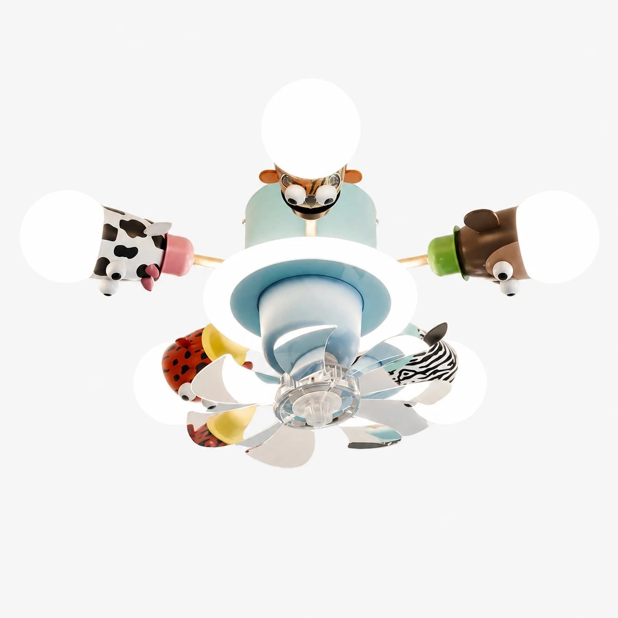 Blue five-light animal ceiling fan light on white background