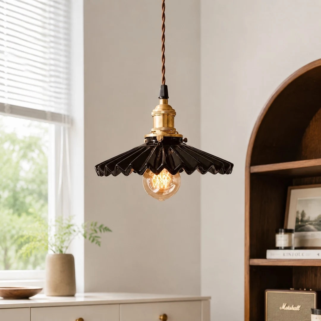 Pleated ceramic pendant light near a cabinet and window