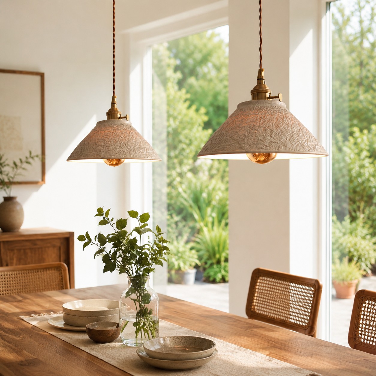 Two ceramic copper pendant lights above a warm dining table