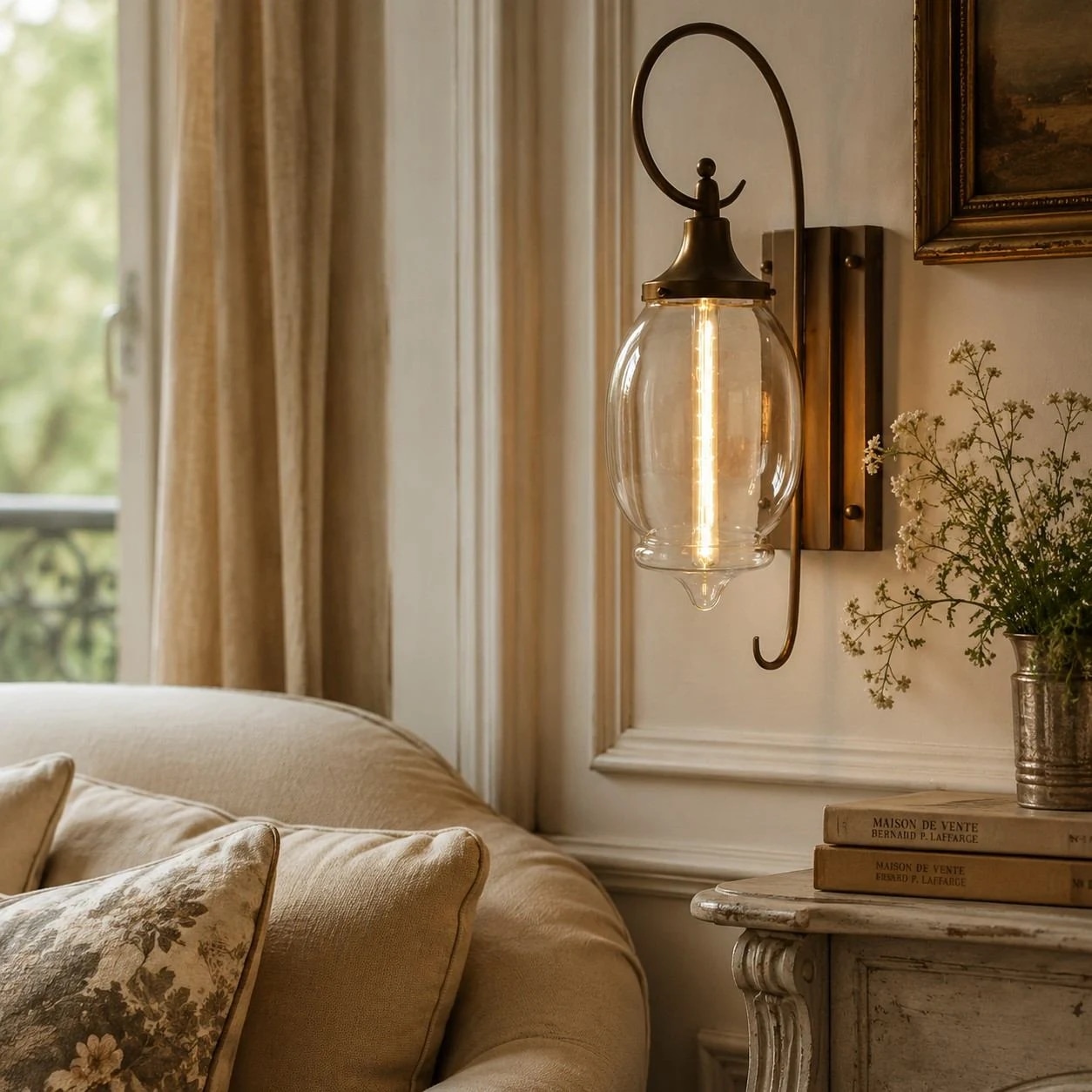 Glass wall lamp installed in a warm living room