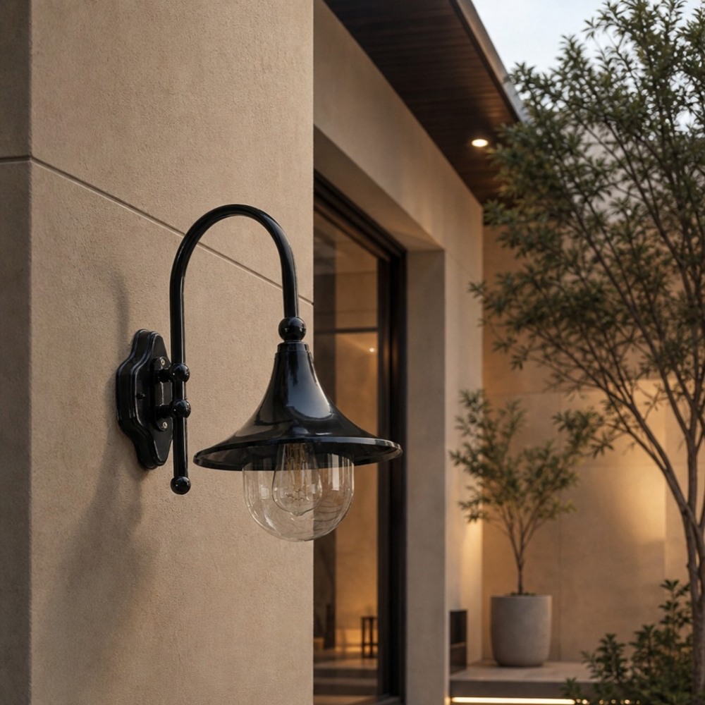 Outdoor wall lamp installed beside an entry door