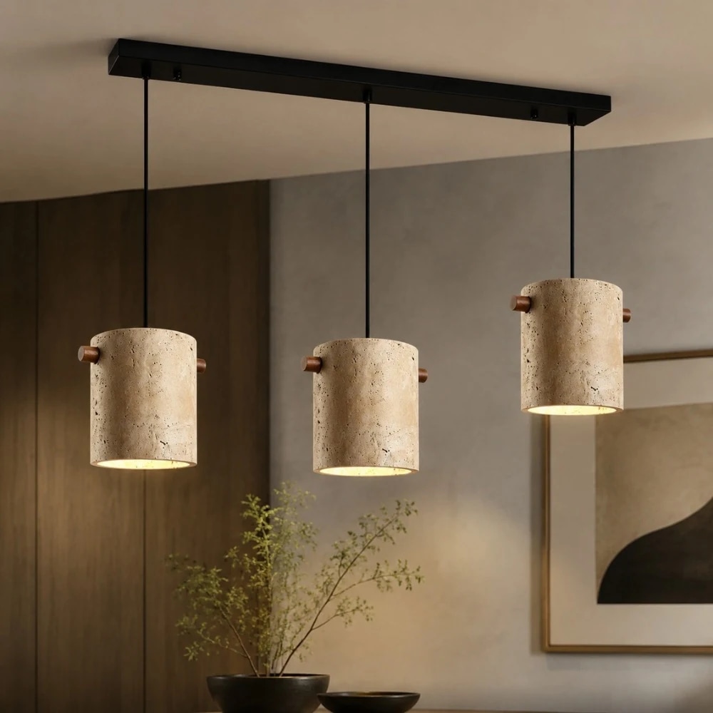 Wabi-Sabi Travertine Cylinder Pendant Light room scene