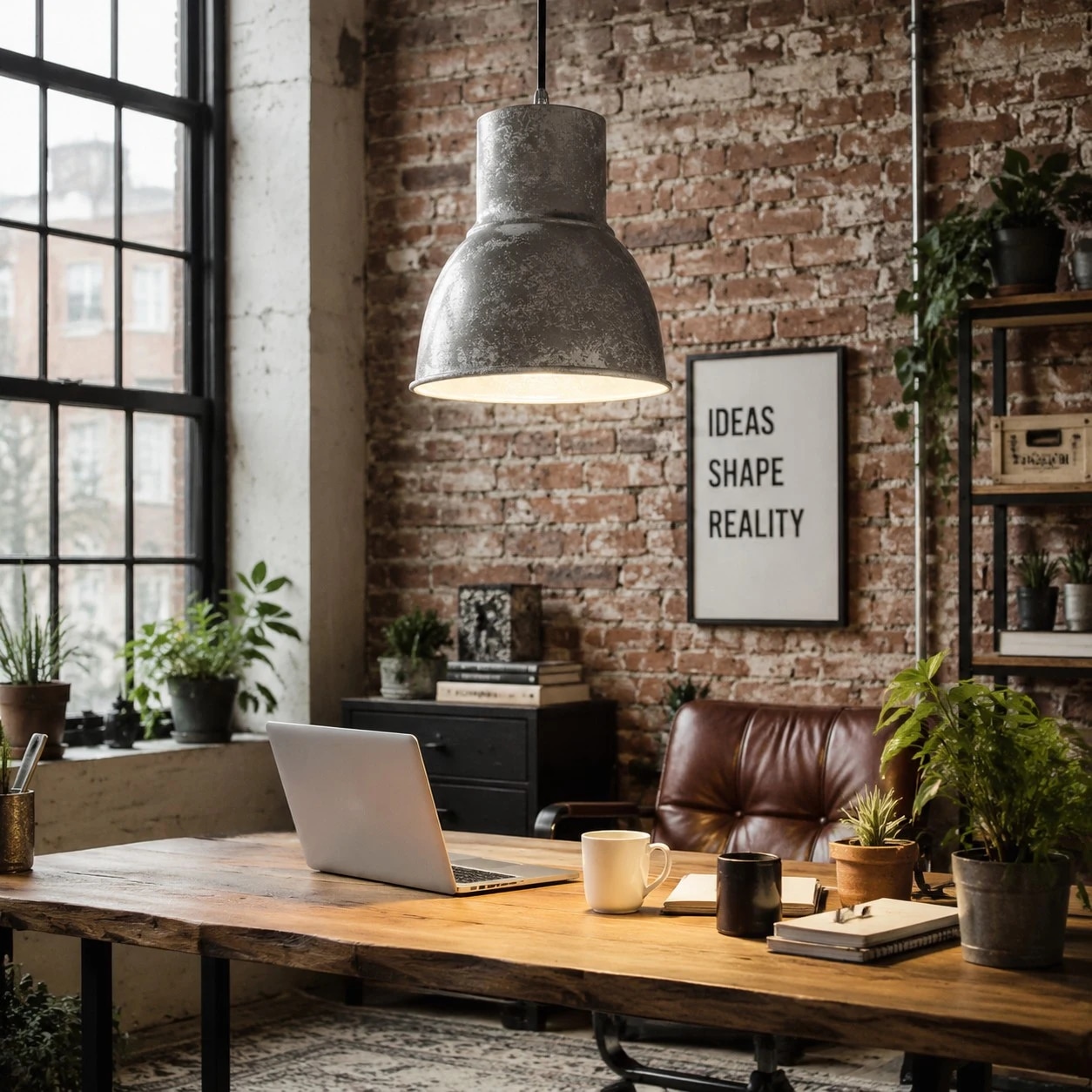 Vintage industrial pendant light in a brick interior setting