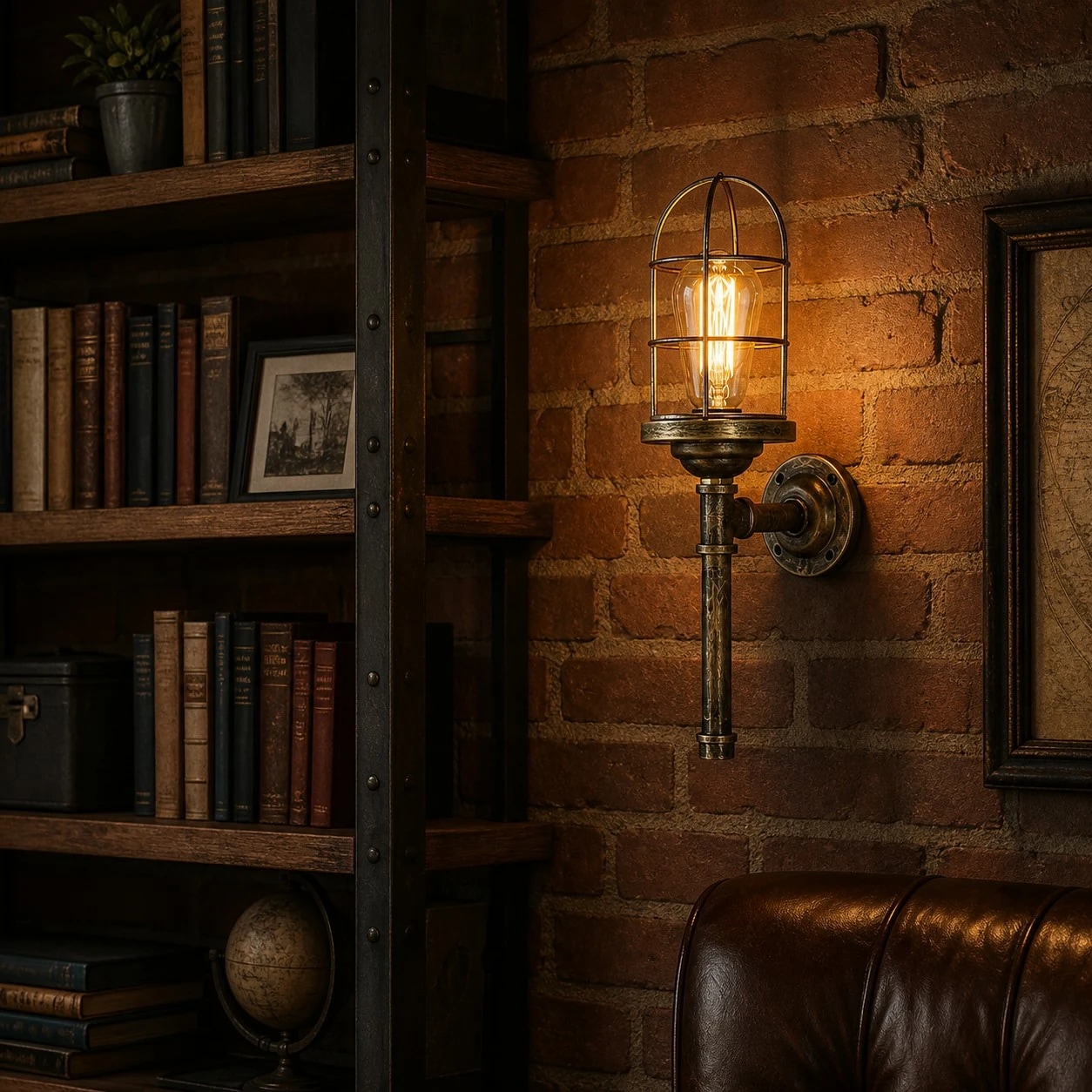 Cage wall sconce on an evening porch wall