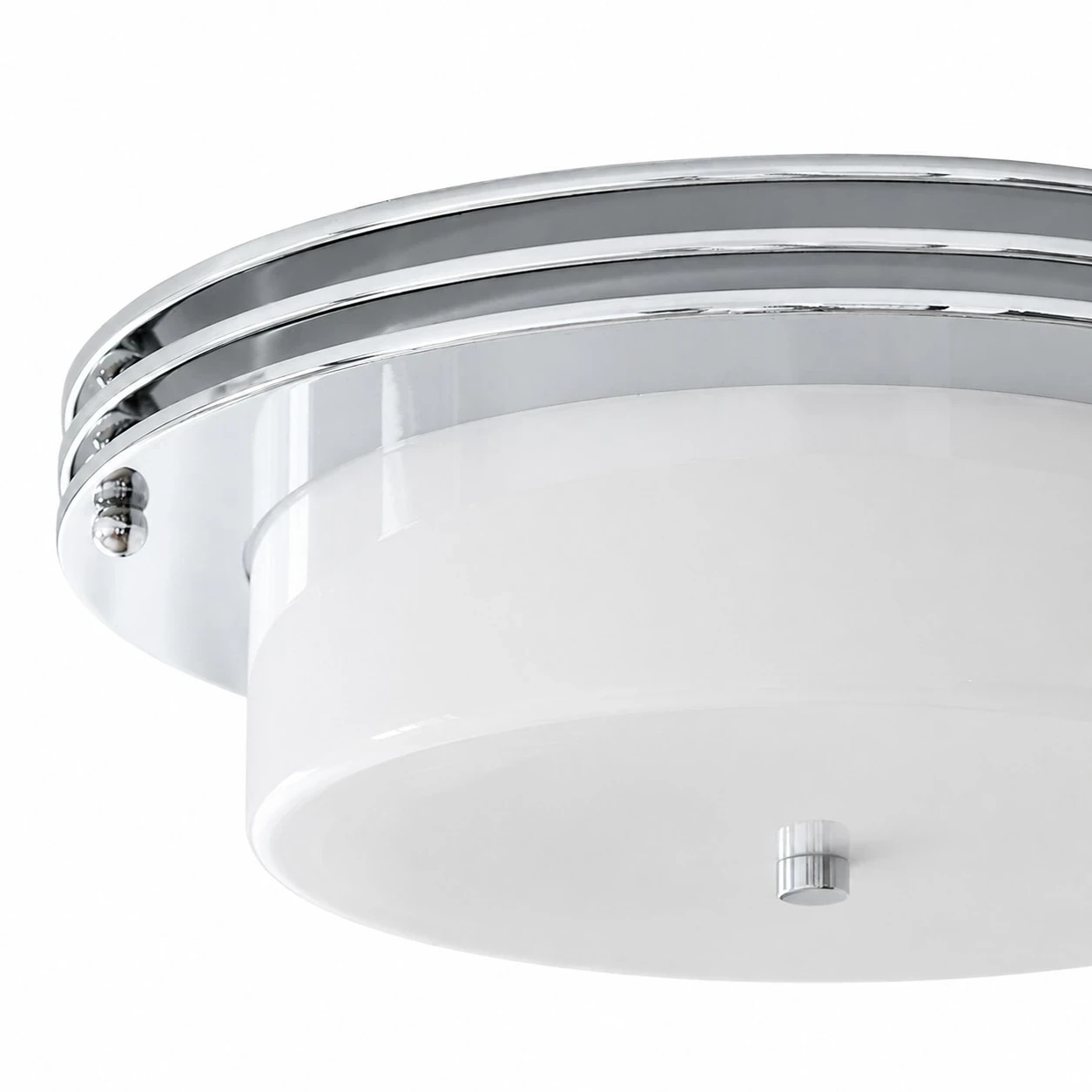 Polished chrome canopy and ring detail on Zenthoris milky glass ceiling fixture
