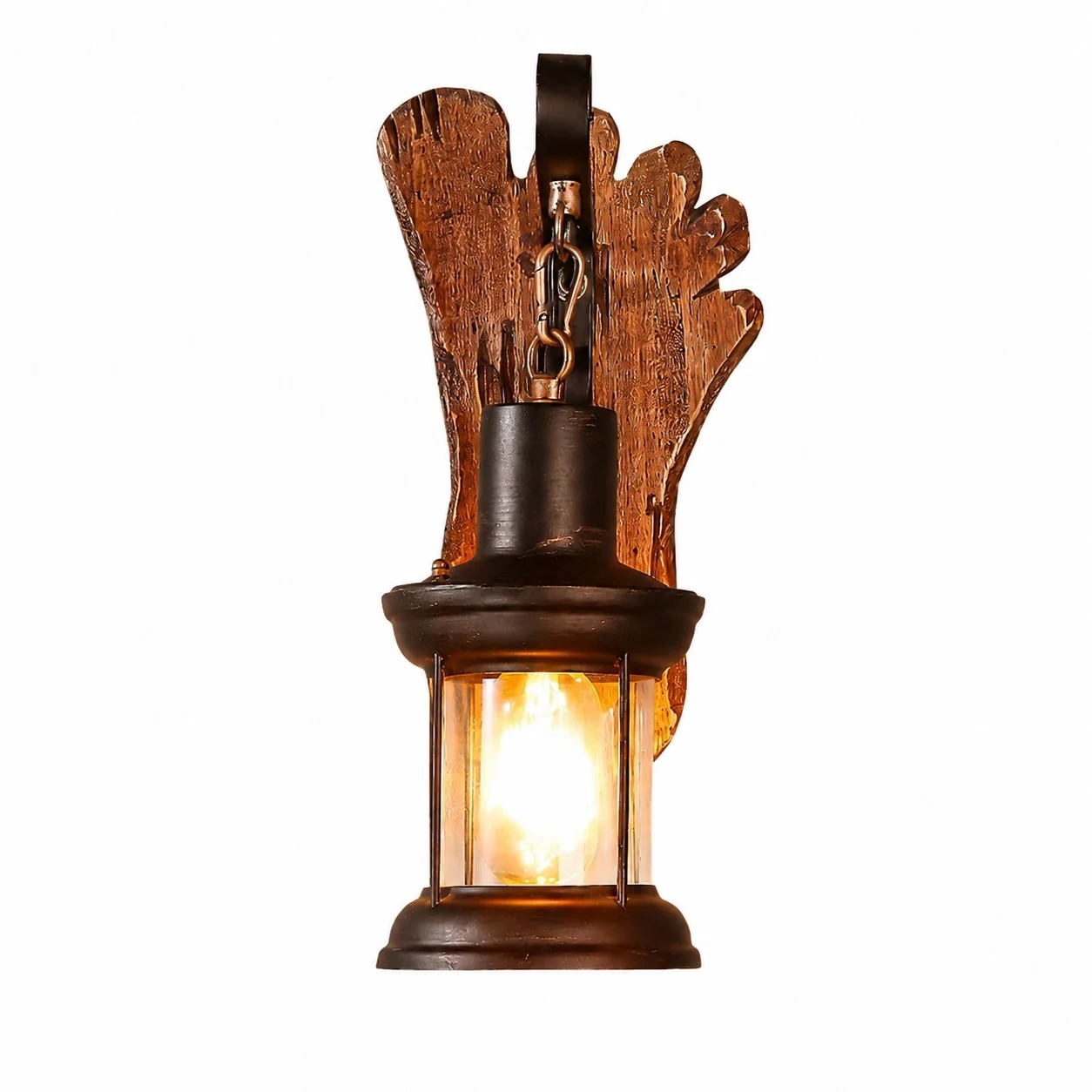 Close view of rustic wood and metal cage wall lamp