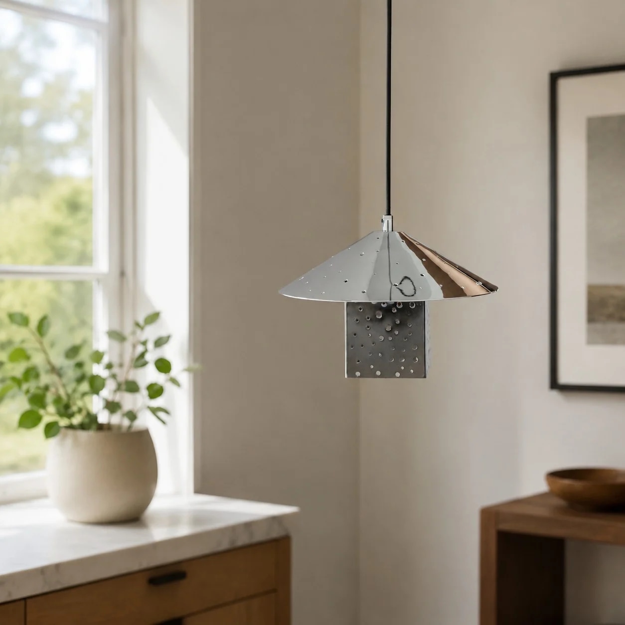 Silver pendant light in interior setting