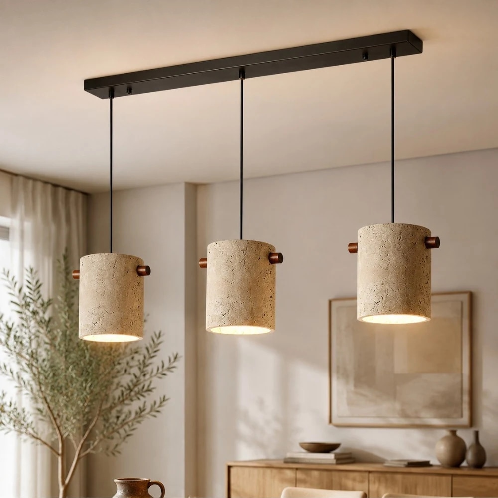 Wabi-Sabi Travertine Cylinder Pendant Light room scene