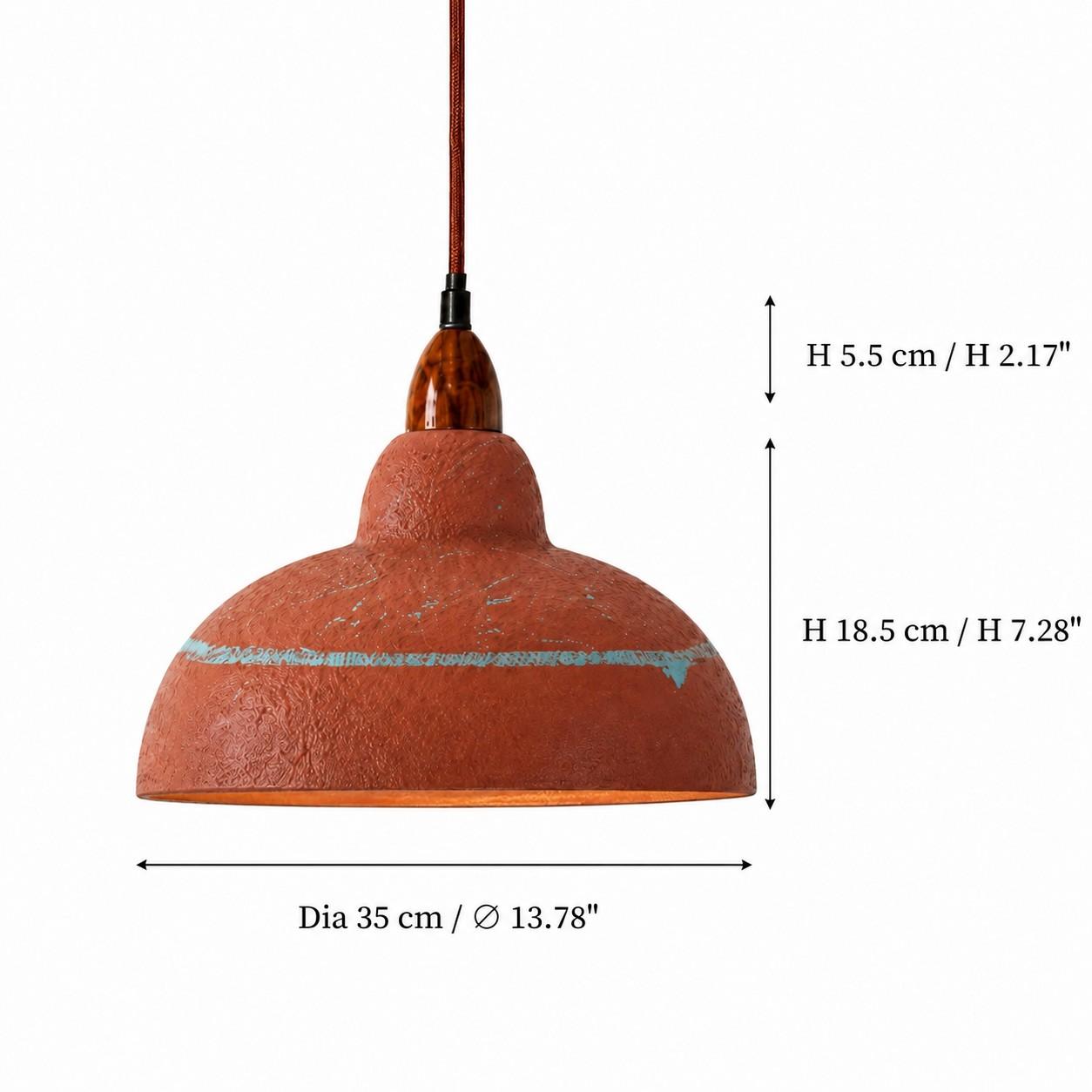 Pendant light size diagram showing 35 cm diameter and 18.5 cm shade height