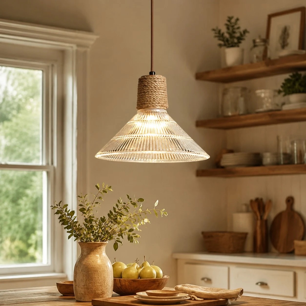 Warm glass pendant light over a rustic kitchen table