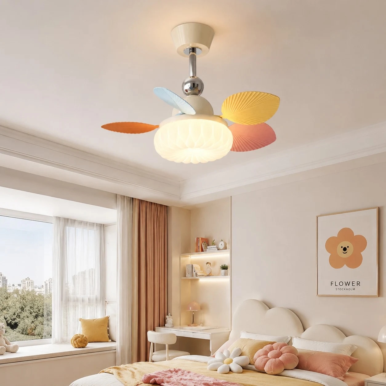 Cream-Style Kids Room Ceiling Fan Lamp with Colorful Blades installed in a bedroom
