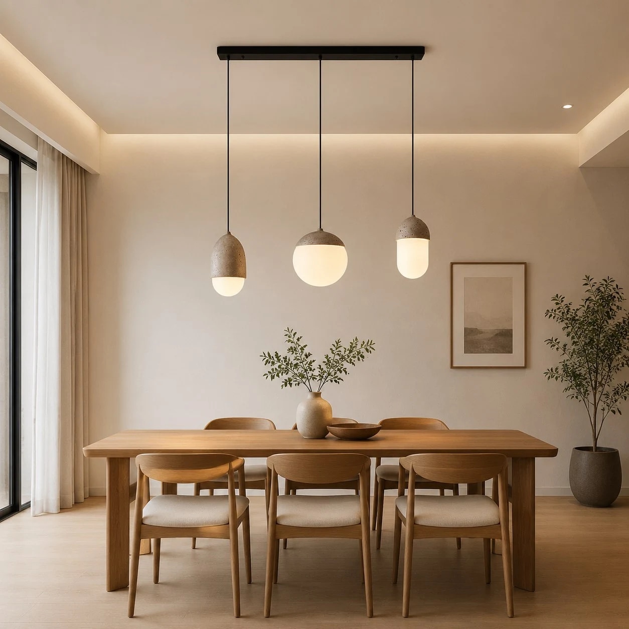 Cream vintage pendant light creating a warm bedside atmosphere