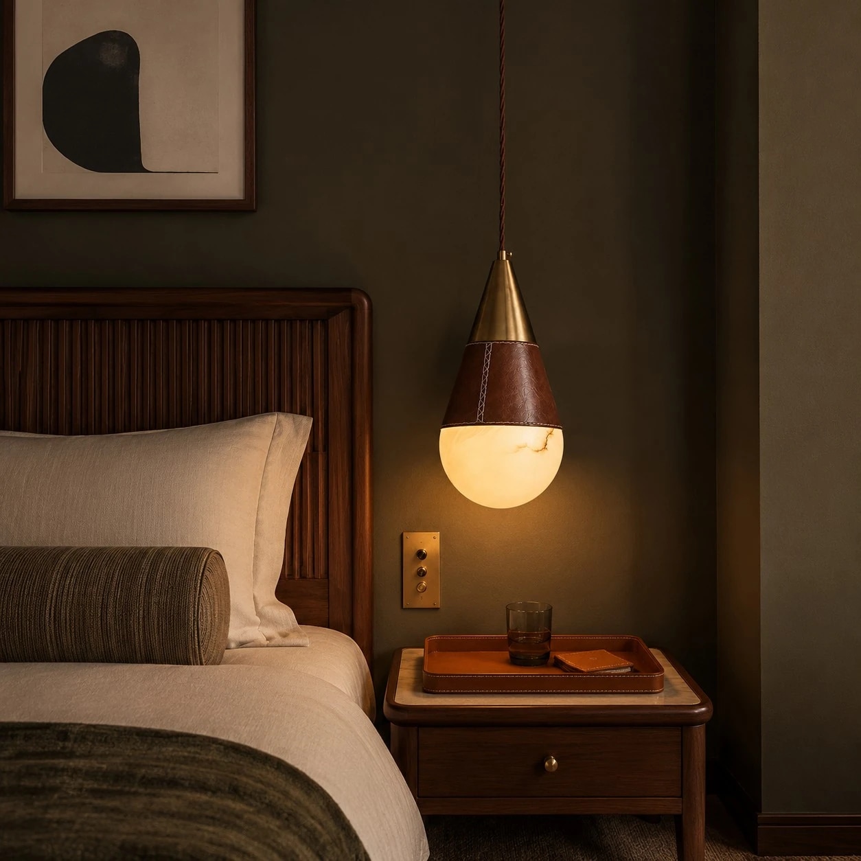 Vintage teardrop pendant light glowing beside a bed