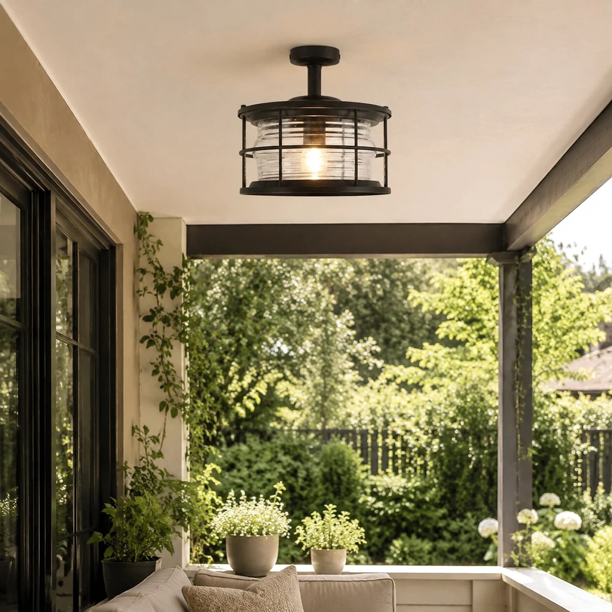 Glass ceiling lantern installed in a covered garden patio