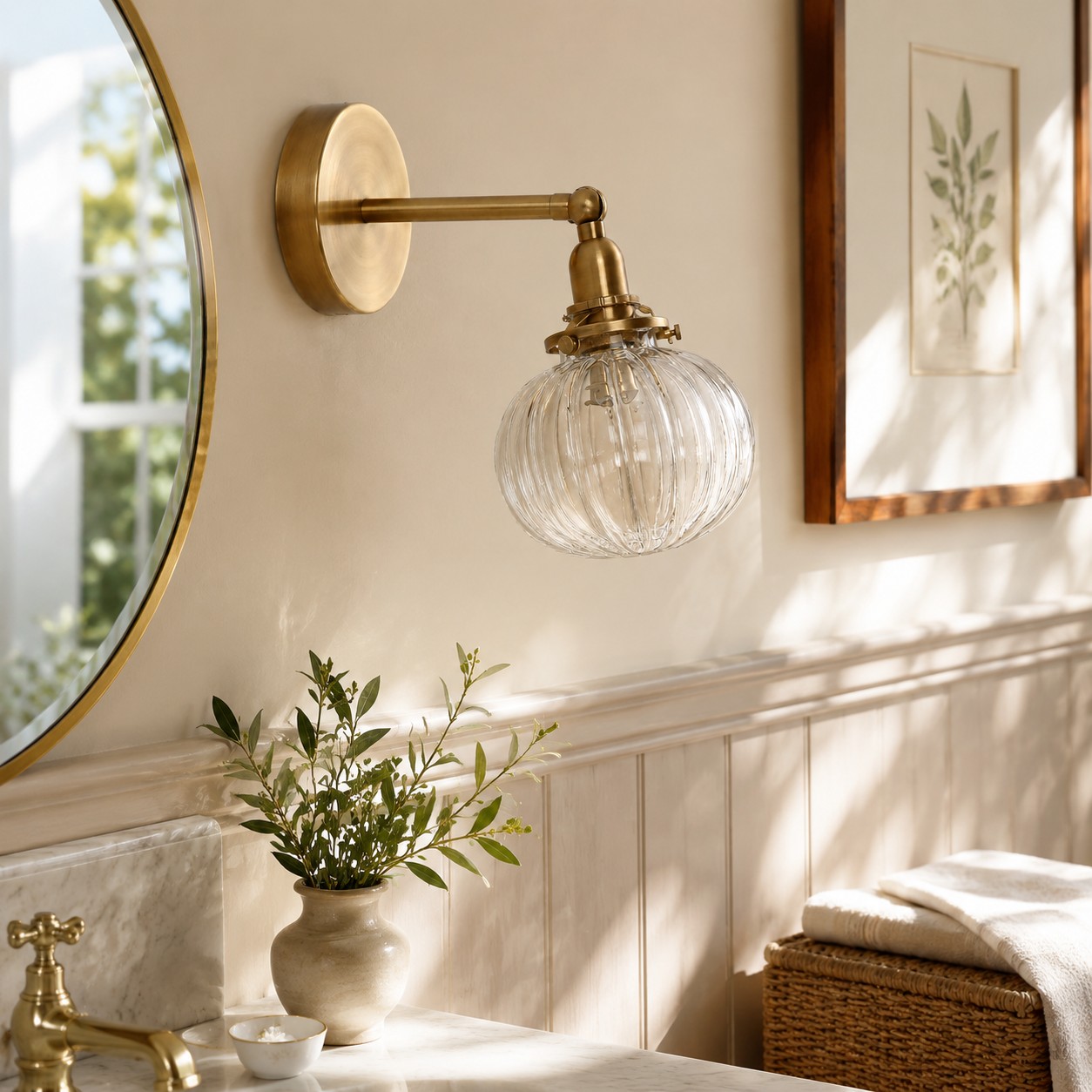 Antique brass ribbed glass wall sconce installed beside a mirror