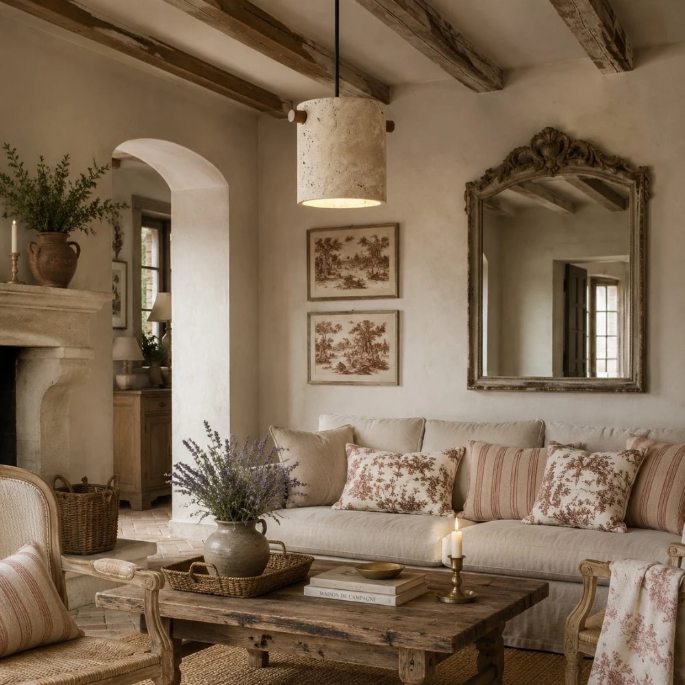 Wabi-Sabi Travertine Cylinder Pendant Light room scene