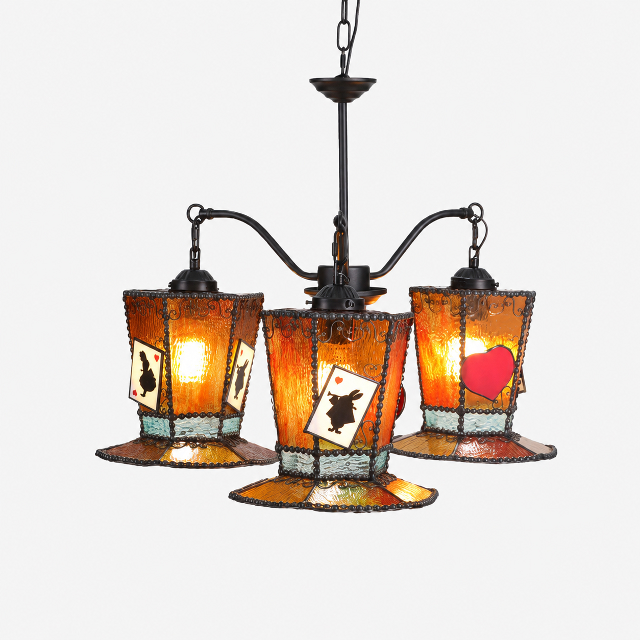 Yellow warm stained glass chandelier with playing card motifs