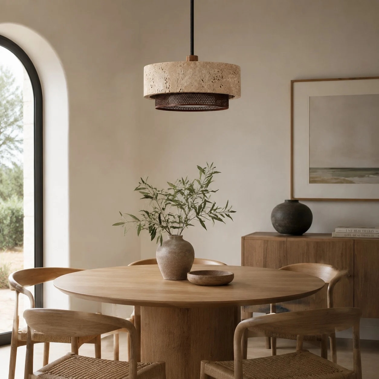 single travertine walnut pendant light over a round dining table