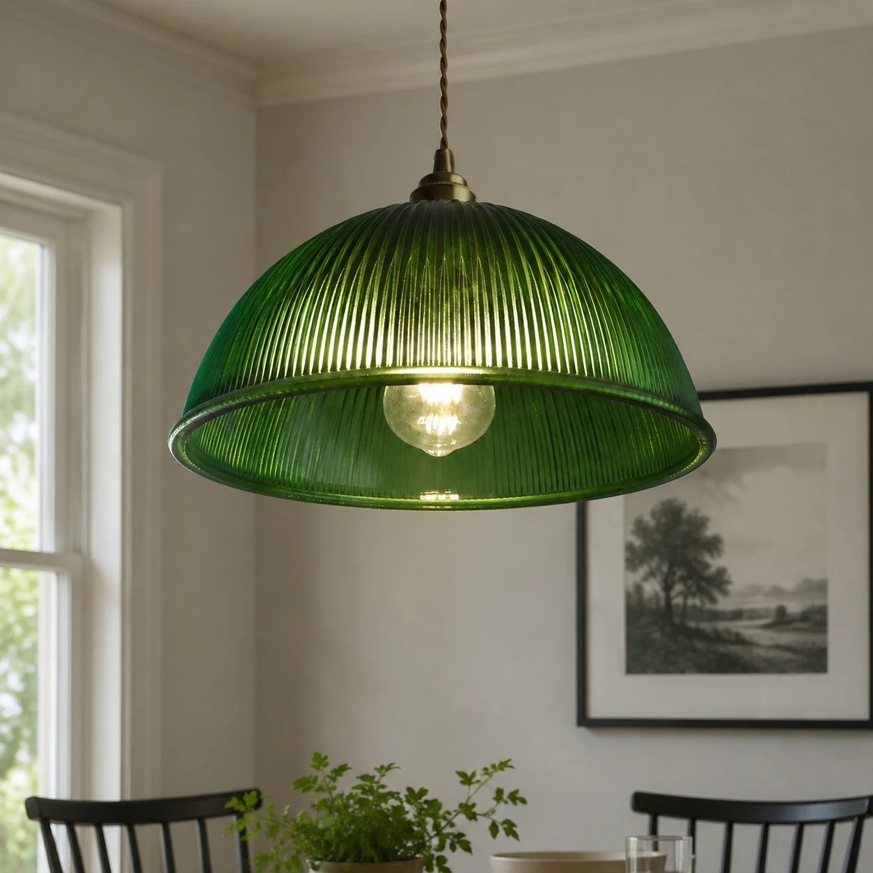 Emerald green ribbed glass pendant close view