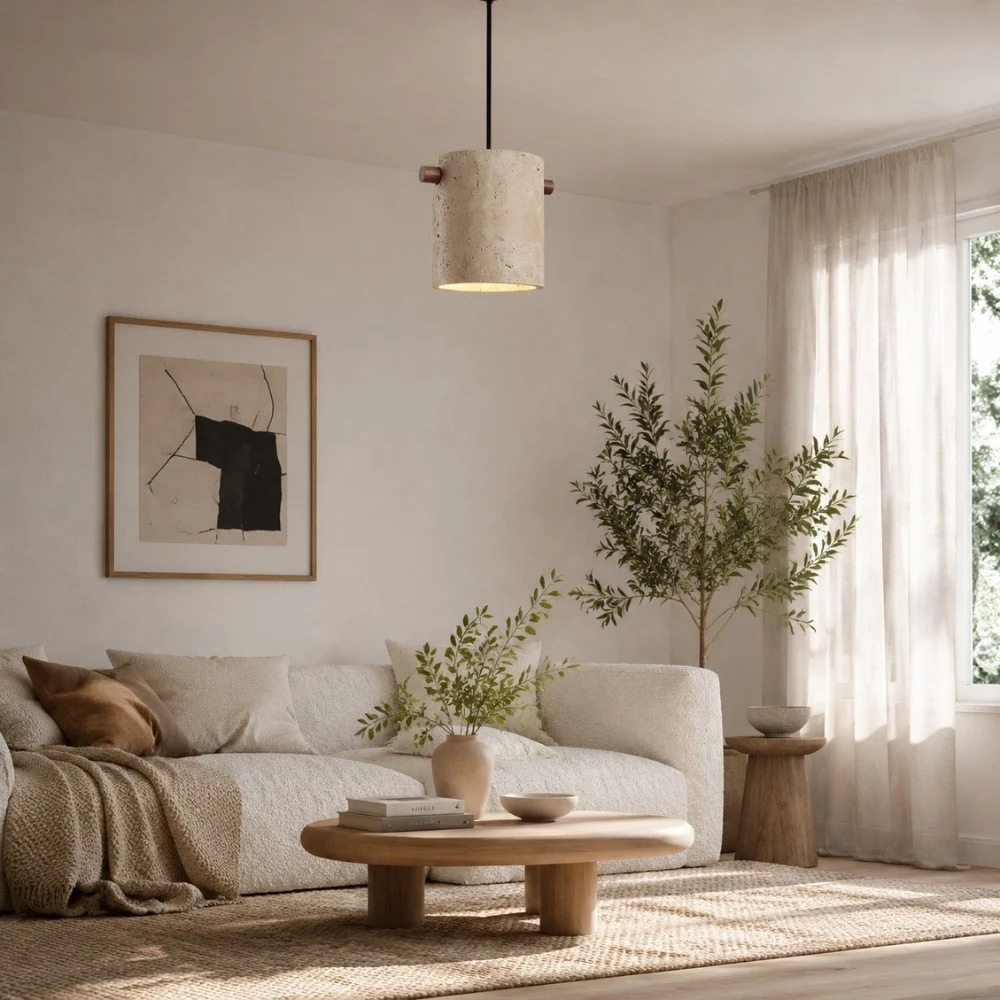 Wabi-Sabi Travertine Cylinder Pendant Light room scene