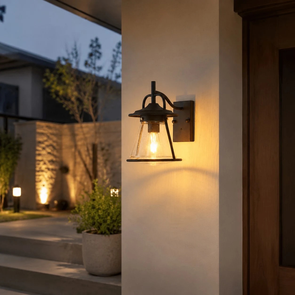 Outdoor wall lantern near garden path
