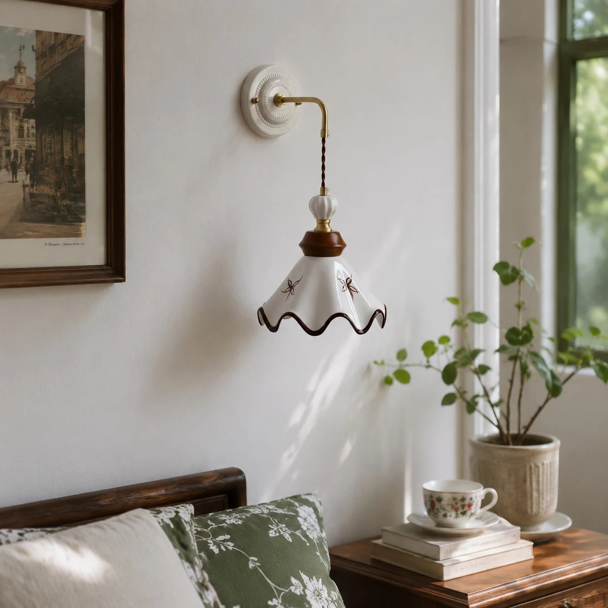 Hand painted ceramic wall lamp beside framed art and a reading chair
